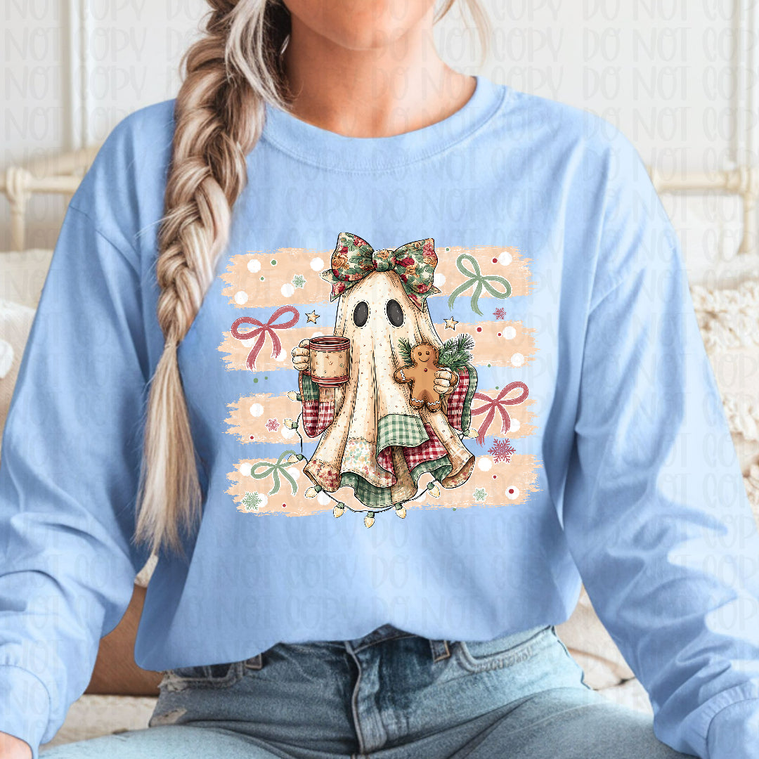 Christmas ghost holding gingerbread and coffee Sunday Special DTF transfer