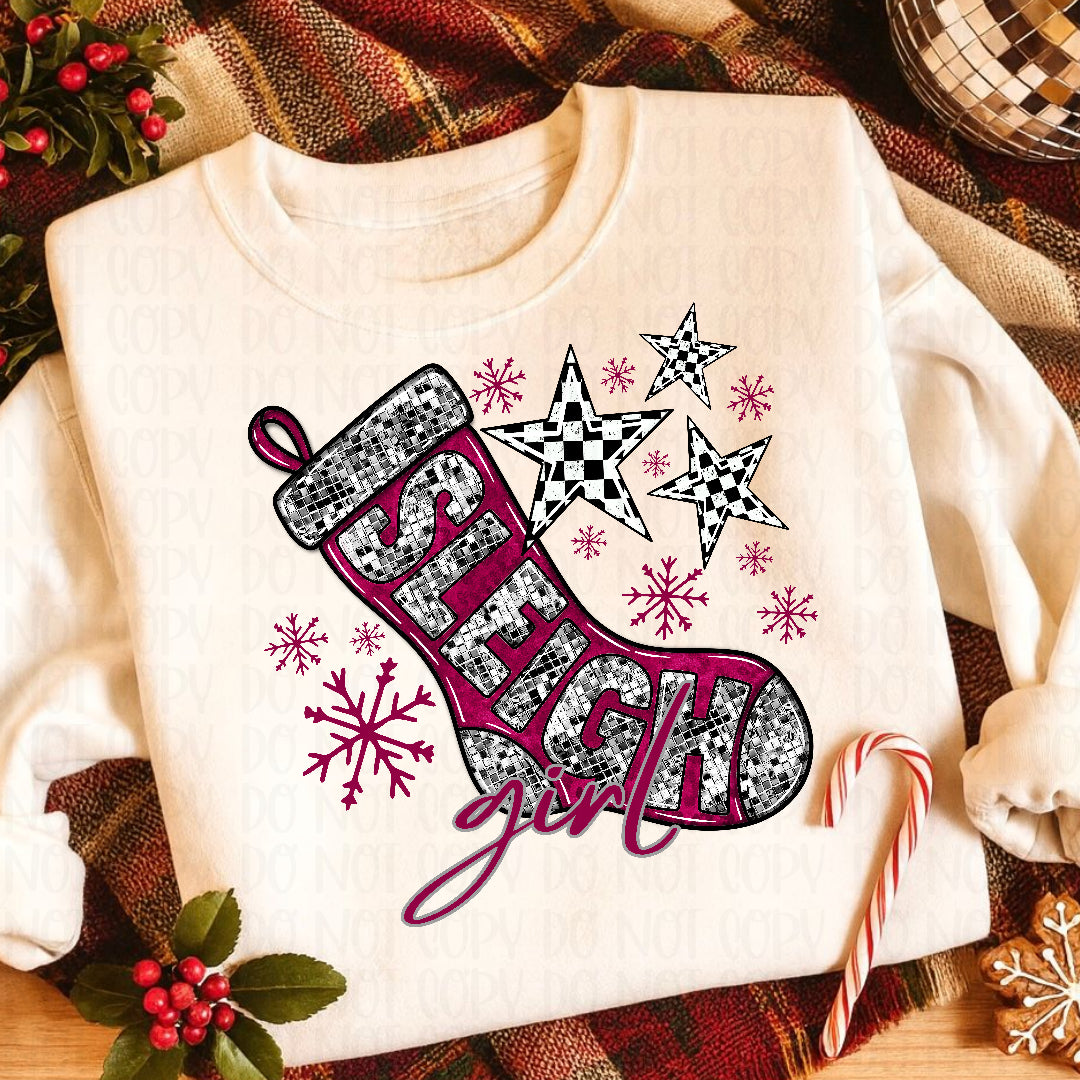 Sleigh girl silver and magenta with faux glitter stocking with checkered stars (Texan) DTF Transfer