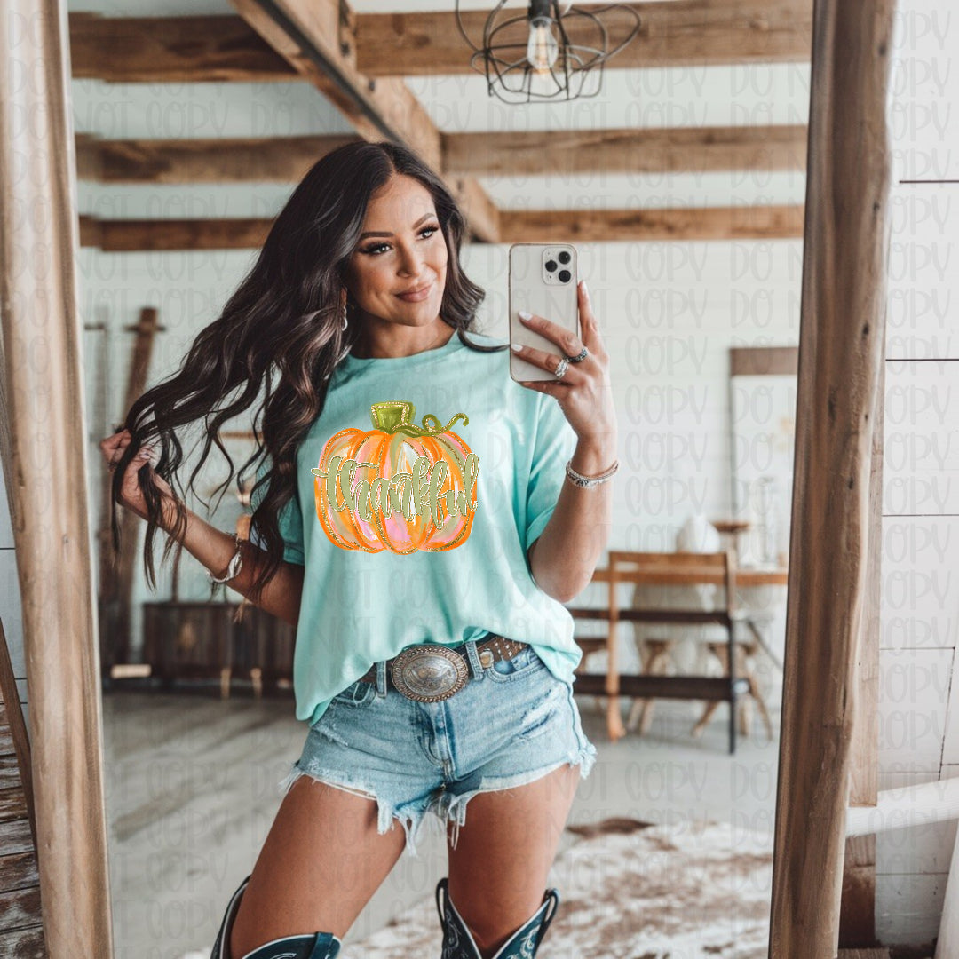 Thankful green font pumpkin (Crafti) DTF Transfer