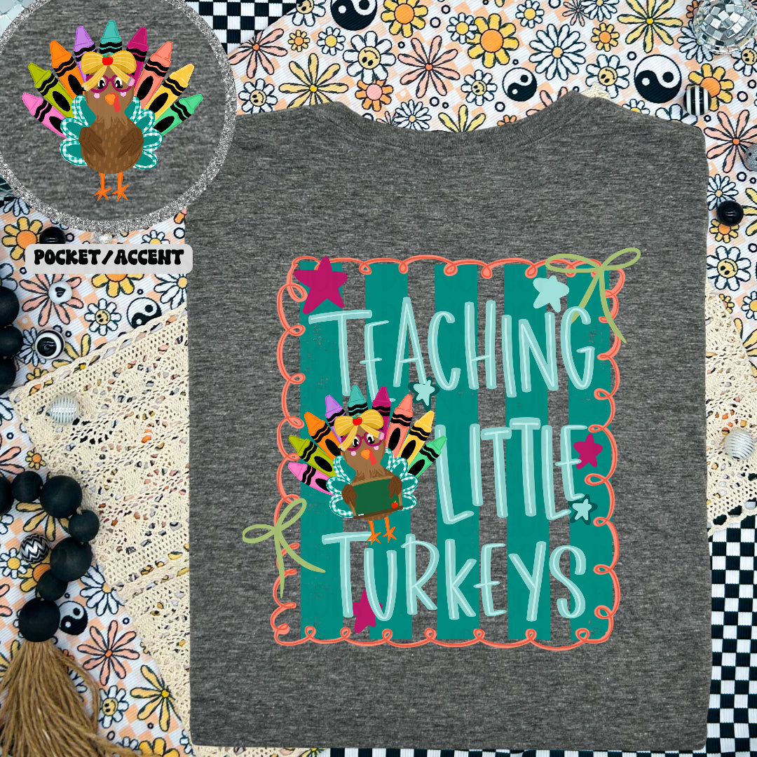 Teaching little turkeys pink ruffle frame green bows (BACK ONLY) DTF transfer