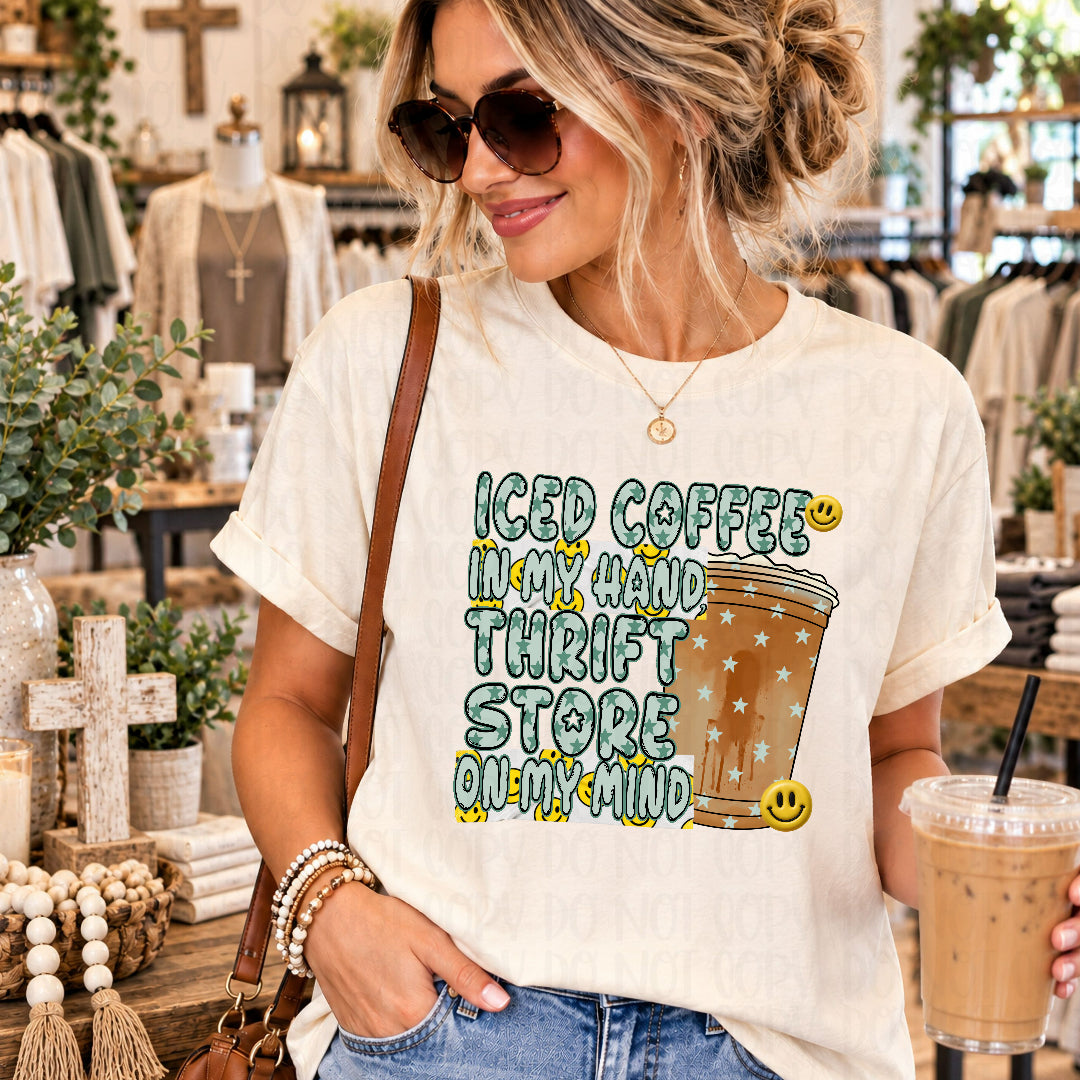 Iced coffee in my hand thrift store on my mind (JBD) DTF transfer
