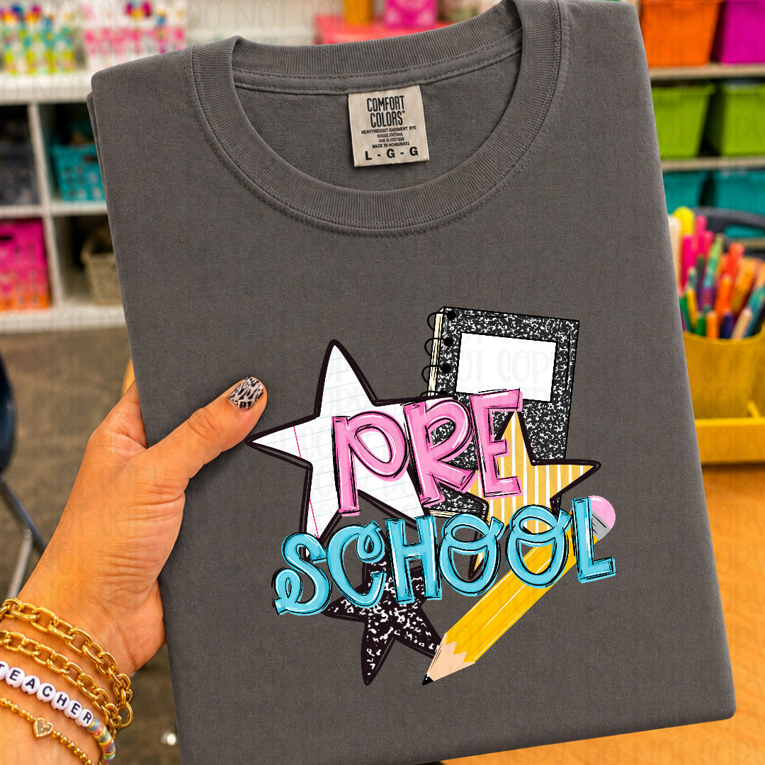 Pre school pink and blue stars and pencil (Carter) DTF Transfer
