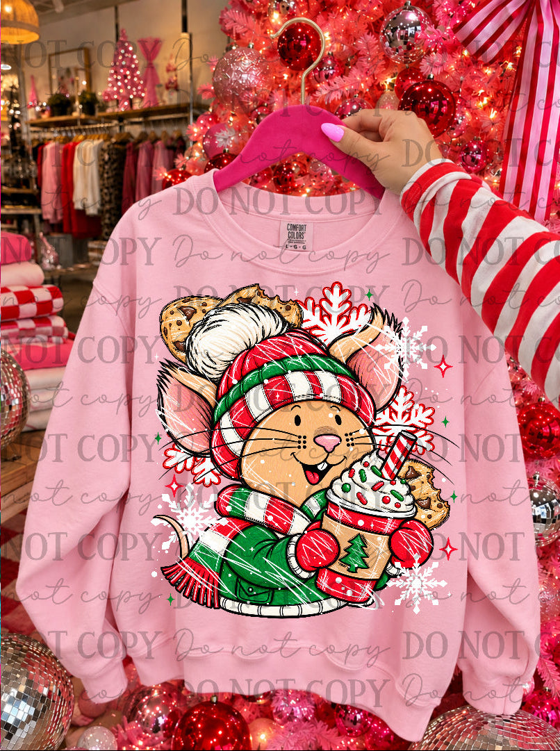 Christmas Mouse with iced coffee (Kai) DTF Transfer
