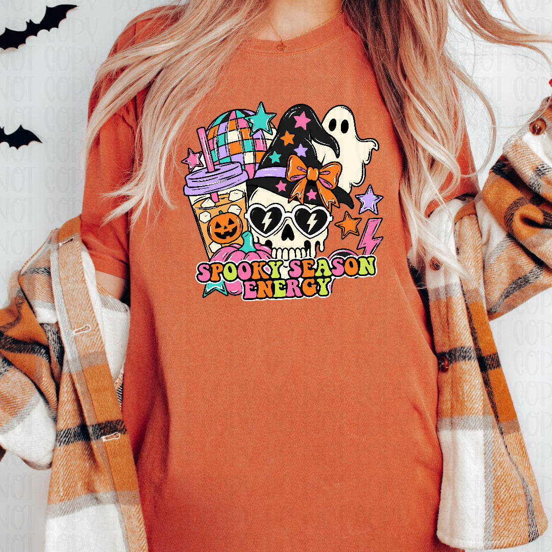 Spooky season energy coffee disco ball skeleton head and ghost (CST) DTF transfer