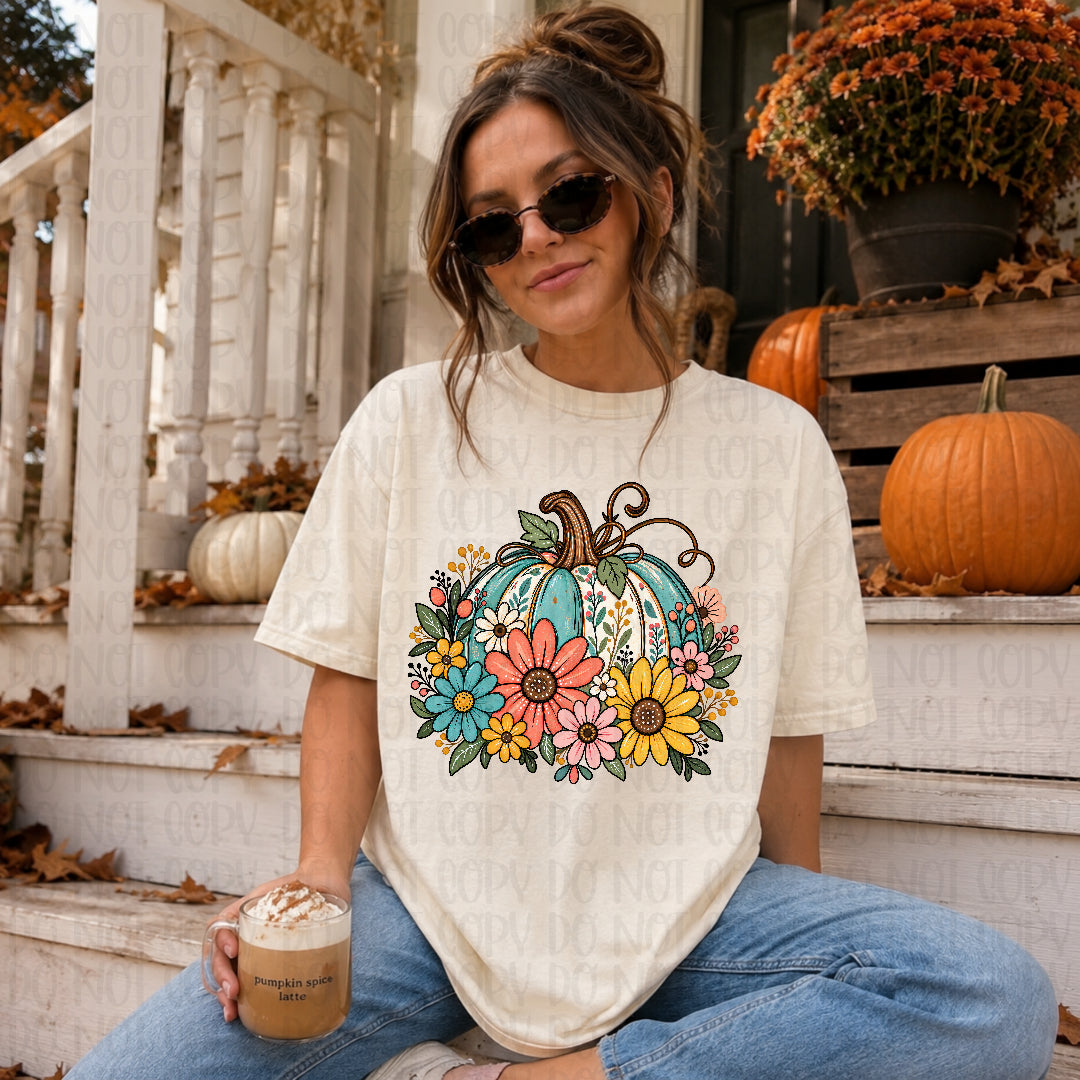 Blue pumpkin with florals (Texasgal) DTF Transfer