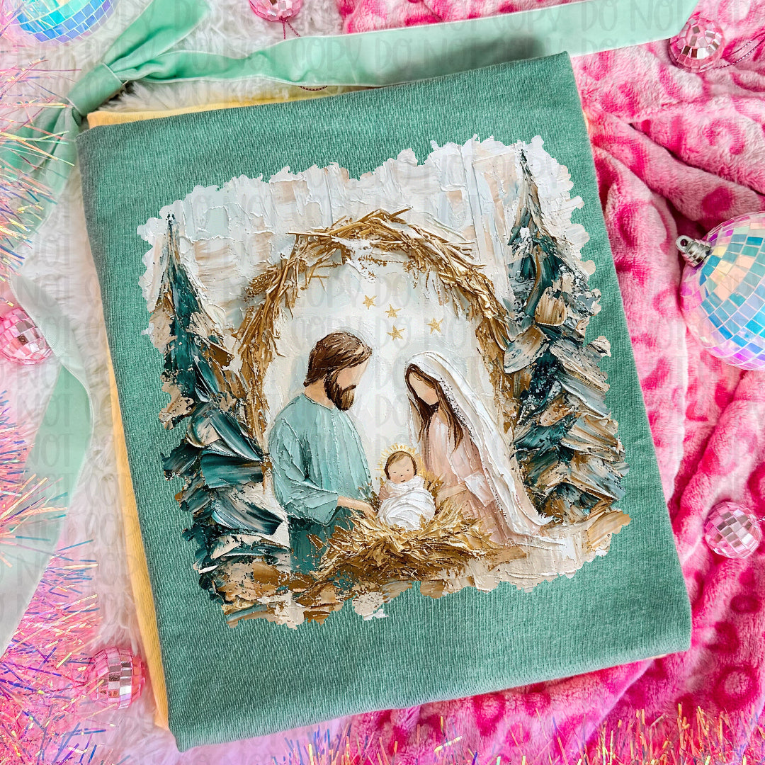 Mary Joseph and baby Jesus faux painted DTF transfer