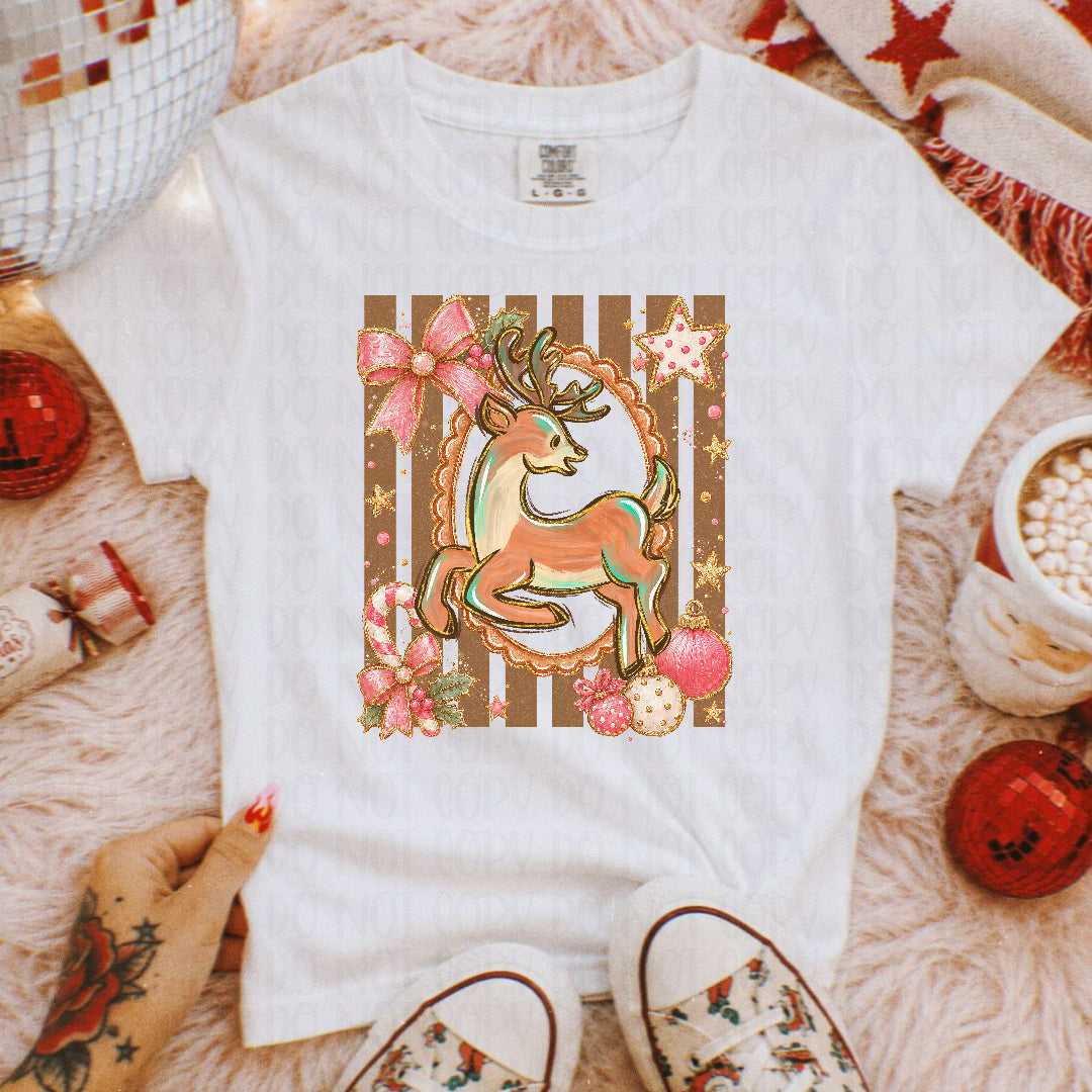 Preppy reindeer faux glitter brown stripes (Starlight) DTF transfer