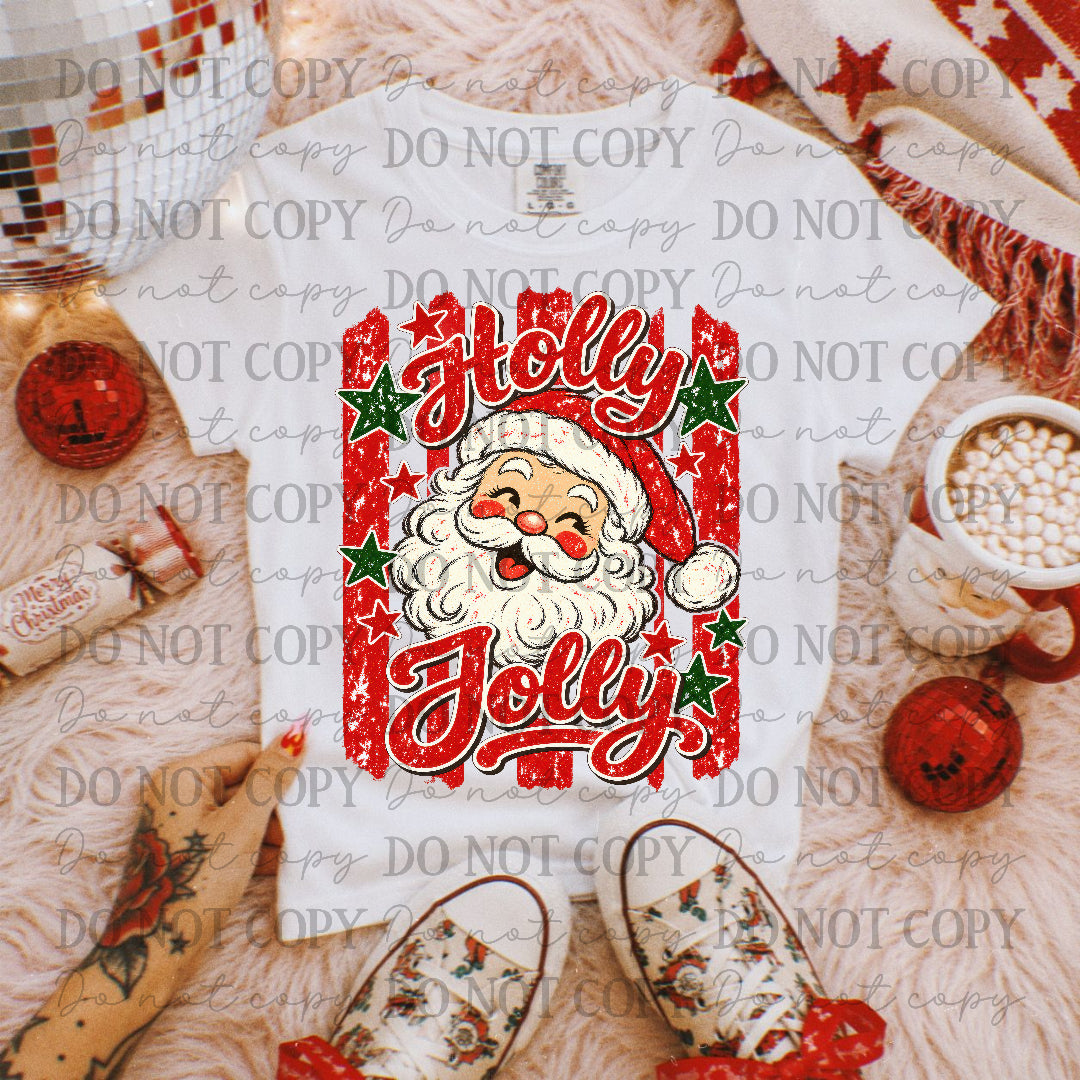 Holly Jolly Santa with red stripe background and green stars (Texas Gal) DTF Transfer