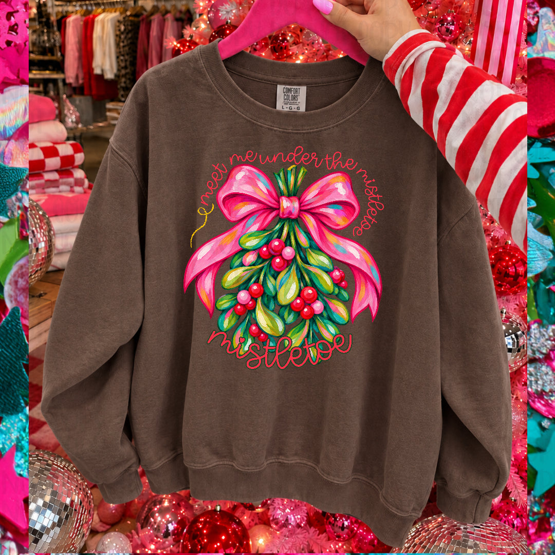 Meet me under the mistletoe pink bow (Ink) DTF