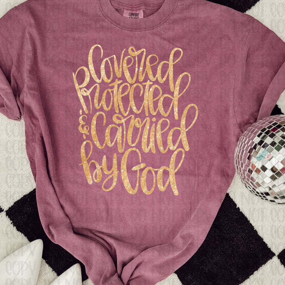 Covered protected & carried cursive gold faux glitter (Vehement) DTF Transfer