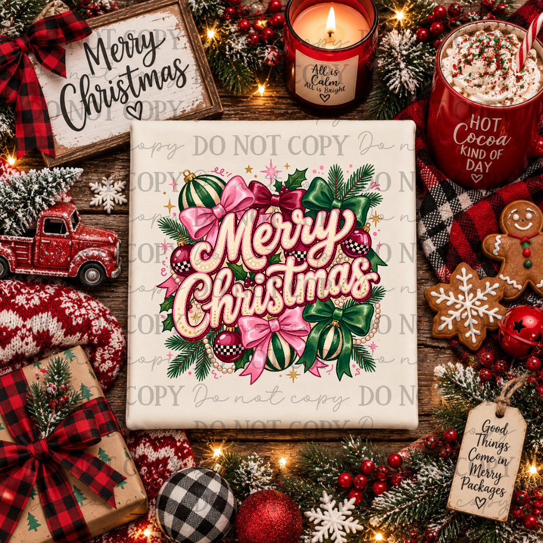 Merry Christmas-ornaments and pink/green bows (CC) DTF Transfer