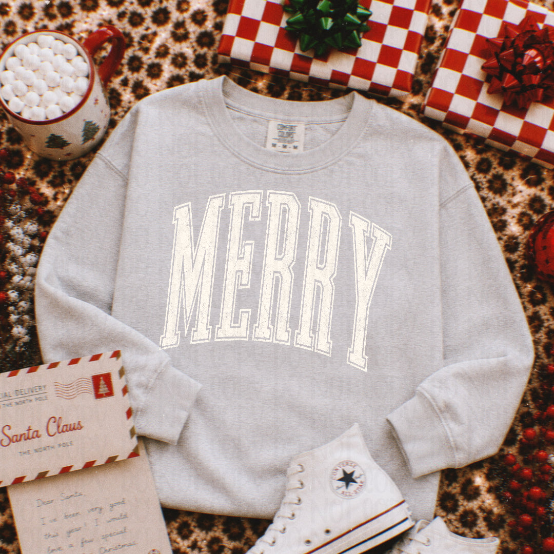 Merry distressed arched WHITE (Scarlow) DTF Transfer