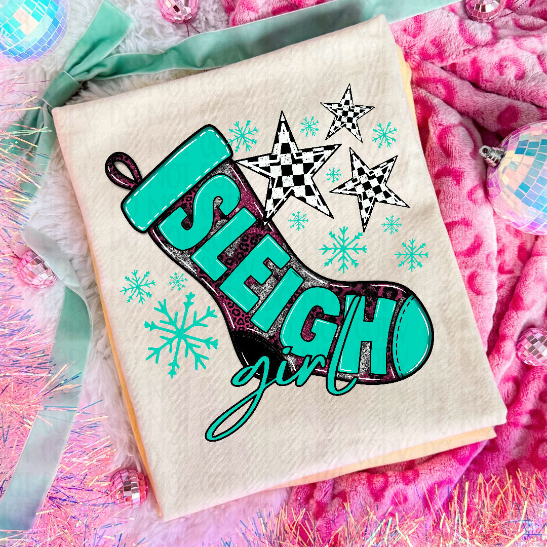 Sleigh girl teal and magenta with faux glitter stocking with checkered stars (Texan) DTF Transfer