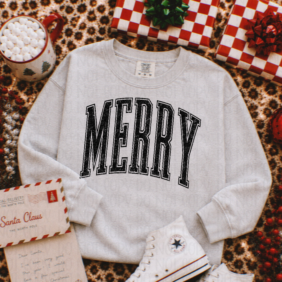 Merry distressed arched BLACK (Scarlow) DTF Transfer