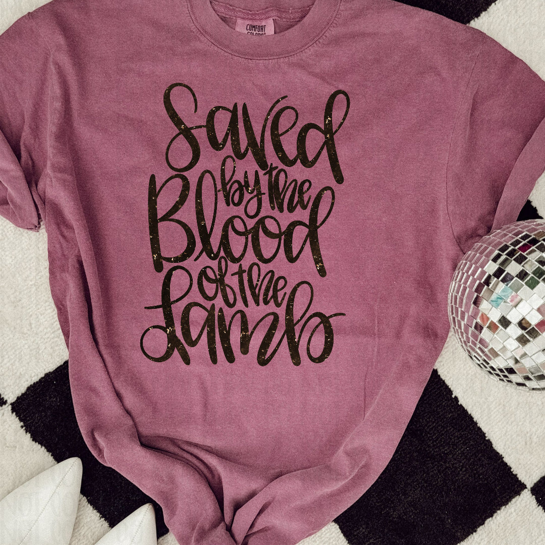 Saved by the blood cursive black faux glitter (Vehement) DTF Transfer