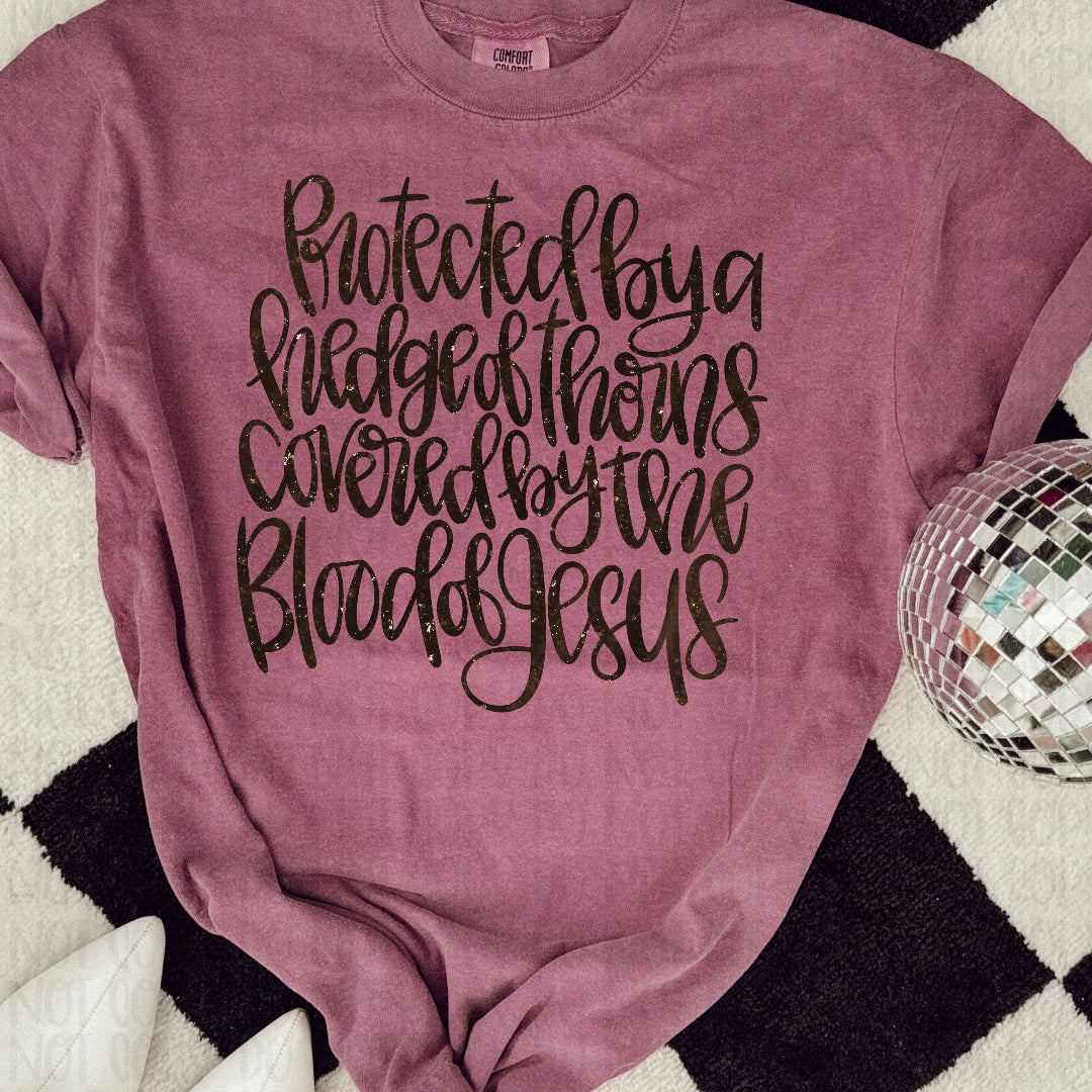 Protected by a hedge of thorns cursive black faux glitter (Vehement) DTF Transfer