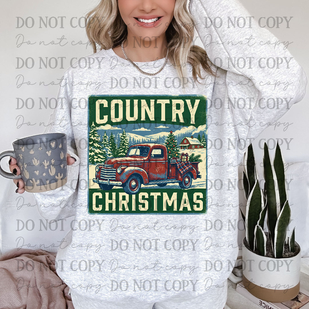 Country Christmas- Vintage red truck-green boarder (CC) DTF Transfer