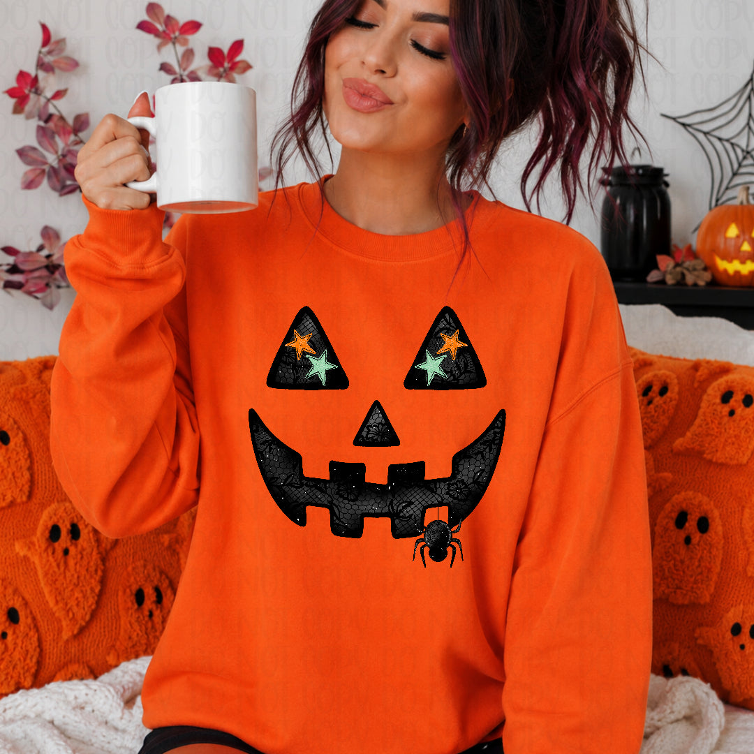 Lace jack o lantern face with spider (Texan) DTF Transfer