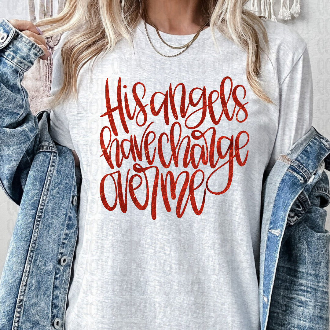 His angels have change over me cursive red faux glitter (Vehement) DTF Transfer