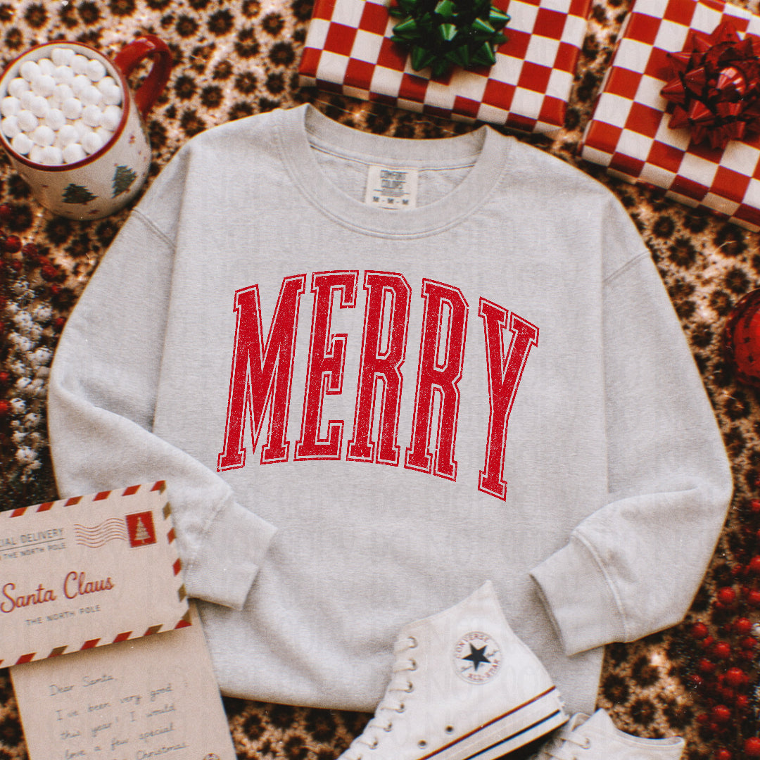 Merry distressed arched RED (Scarlow) DTF Transfer