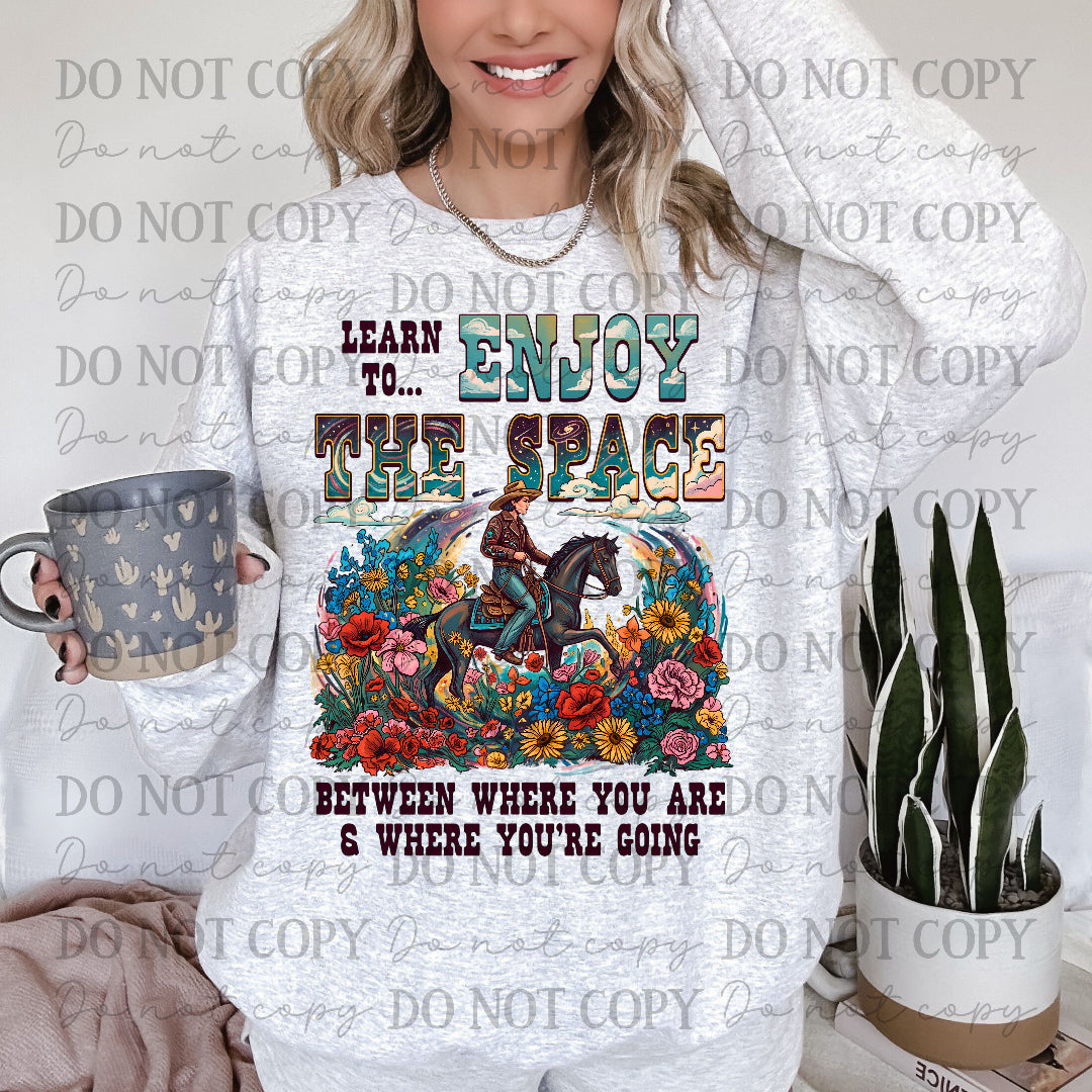 Learn to ...Enjoy the space - lady on horse surrounded by flowers (CC) DTF Transfer