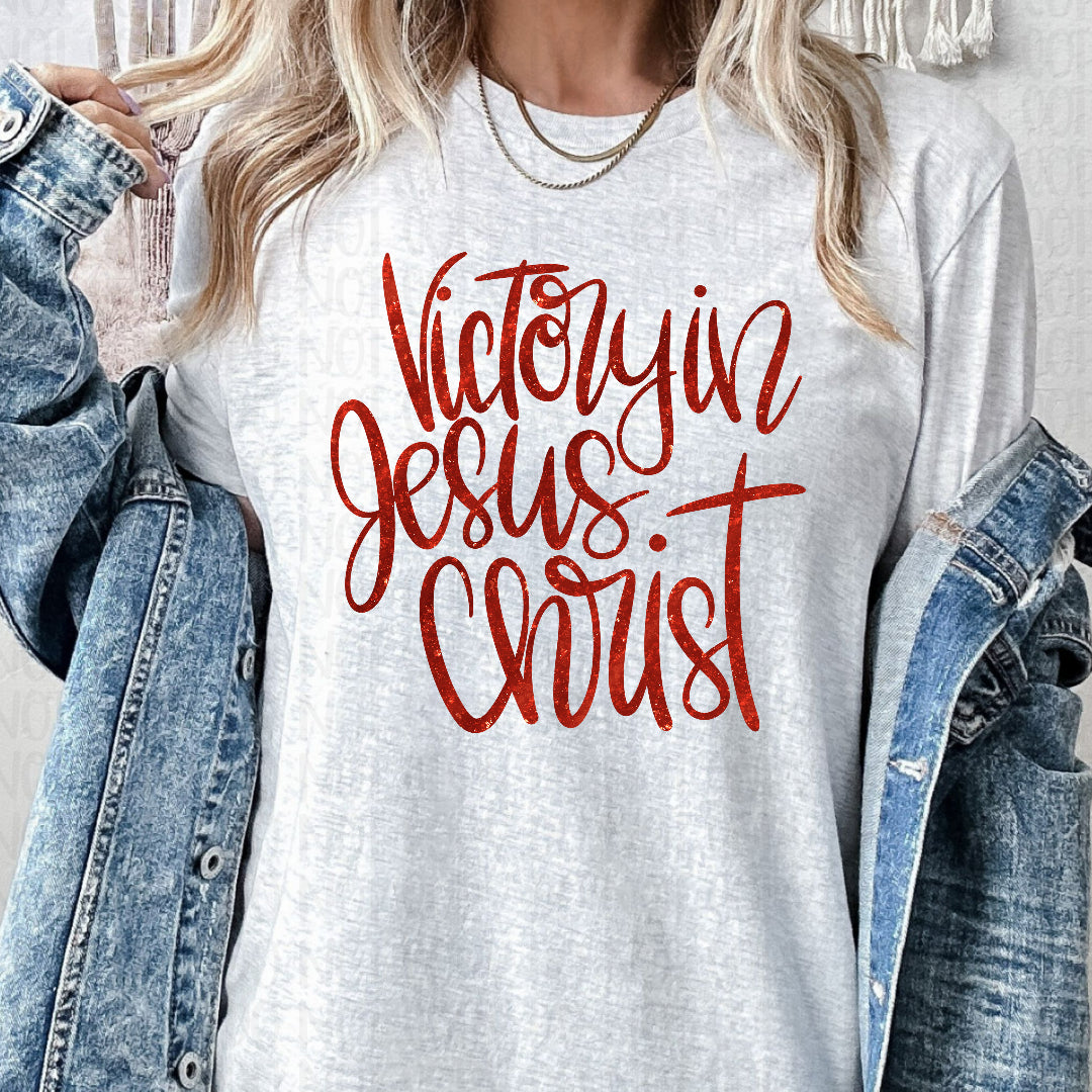 Victory in Jesus Christ cursive red faux glitter (Vehement) DTF Transfer
