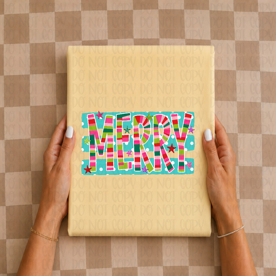 Merry stripes blue background DTF Transfer