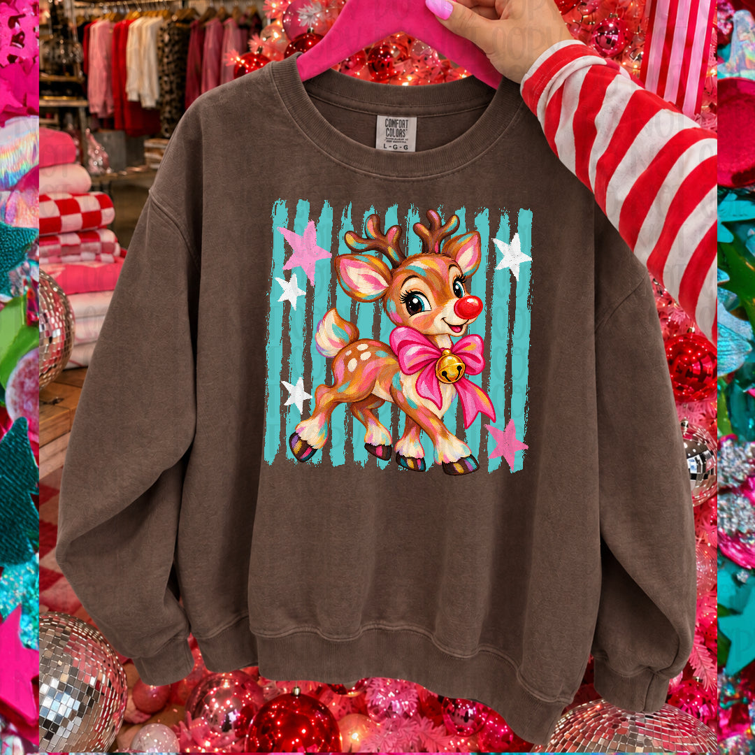 Reindeer with pink bow teal stripes (Ink) DTF
