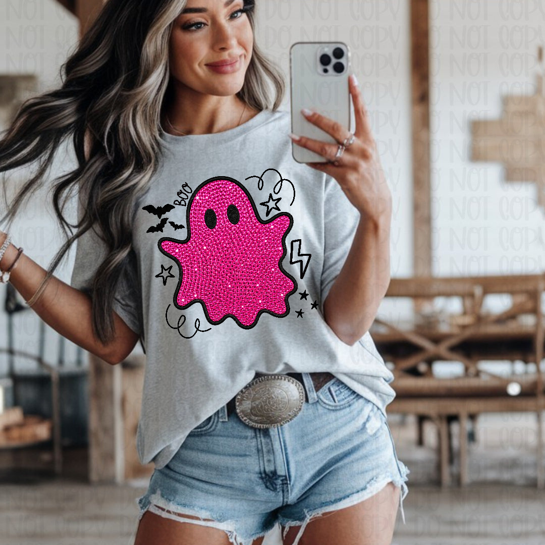 Doodle faux rhinestone pink ghostie (Texan) DTF Transfer