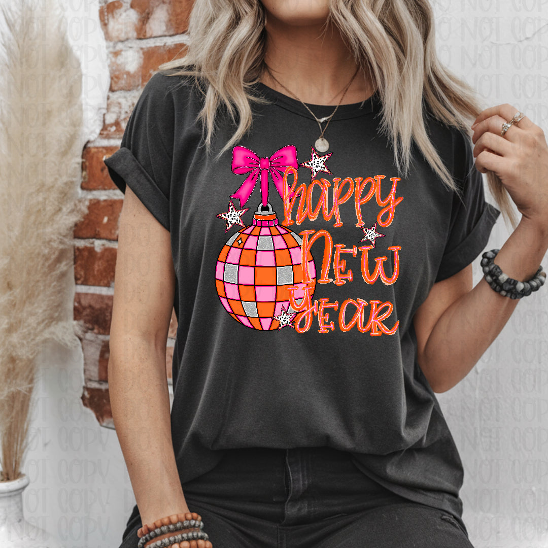 Happy new year pink and orange disco ball with pink bow (JBD) DTF Transfer