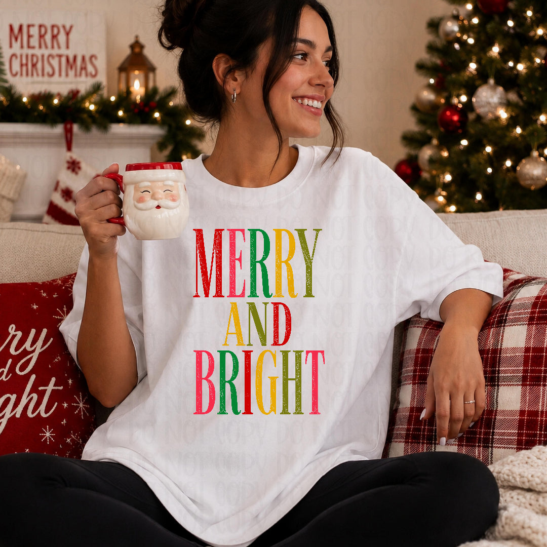 Merry and bright colorful letters DTF transfer