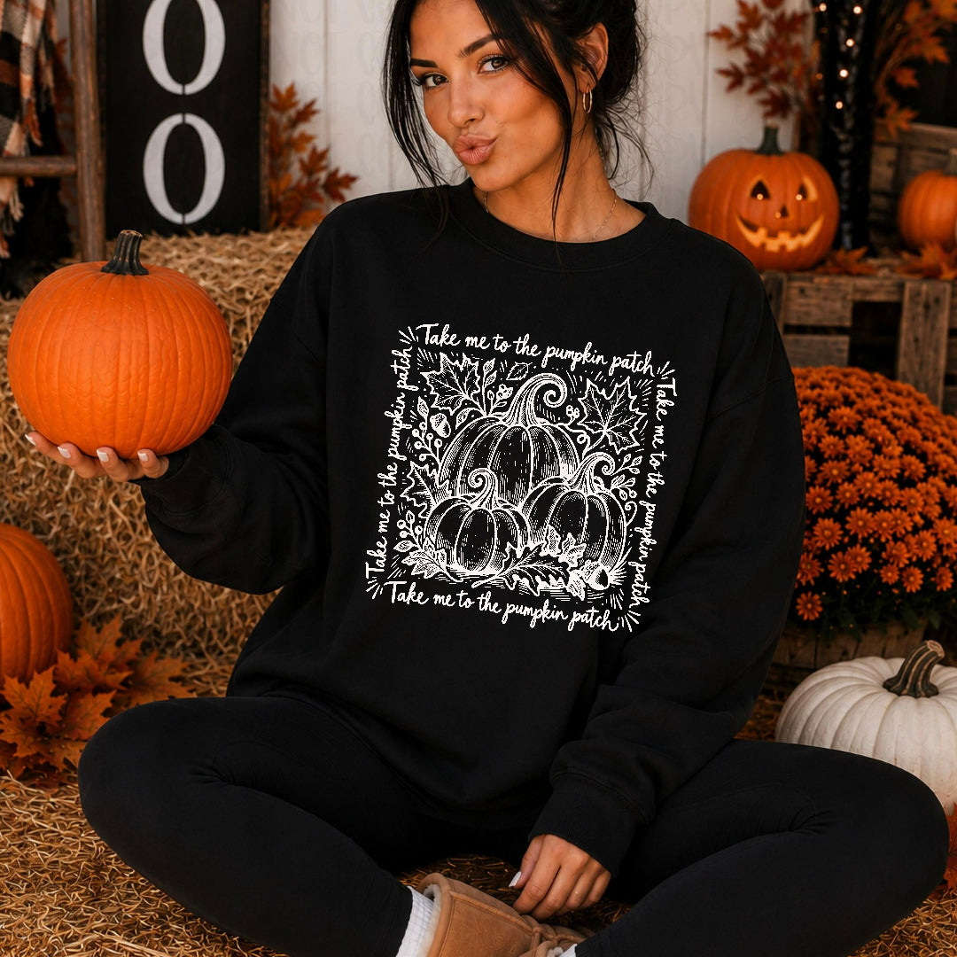 Take me to the pumpkin patch square WHITE (Texas Gal) DTF Transfer