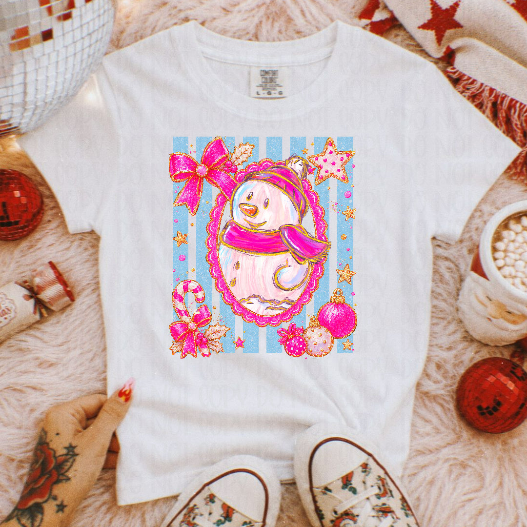 Preppy snowman faux glitter blue stripes (Starlight) DTF transfer