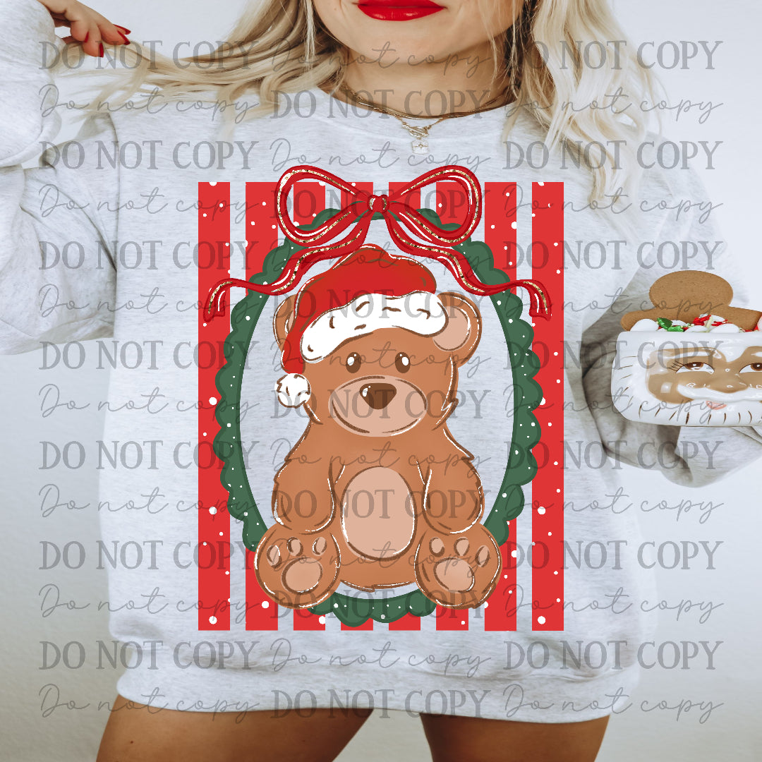 Christmas bear in green oval frame RED STRIPED BACKGROUND (Carter) DTF Transfer