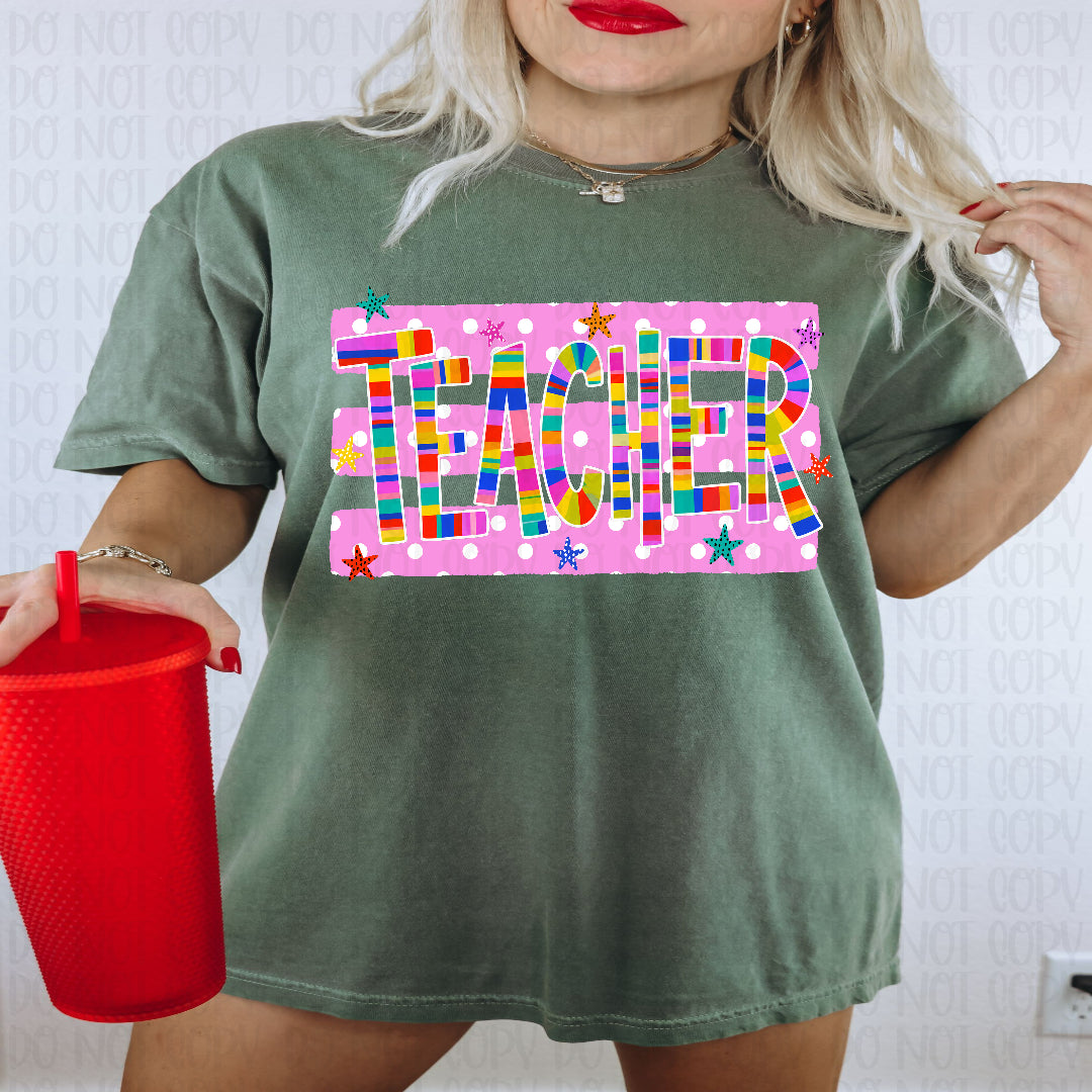 Teacher stripe with pink background DTF Transfer