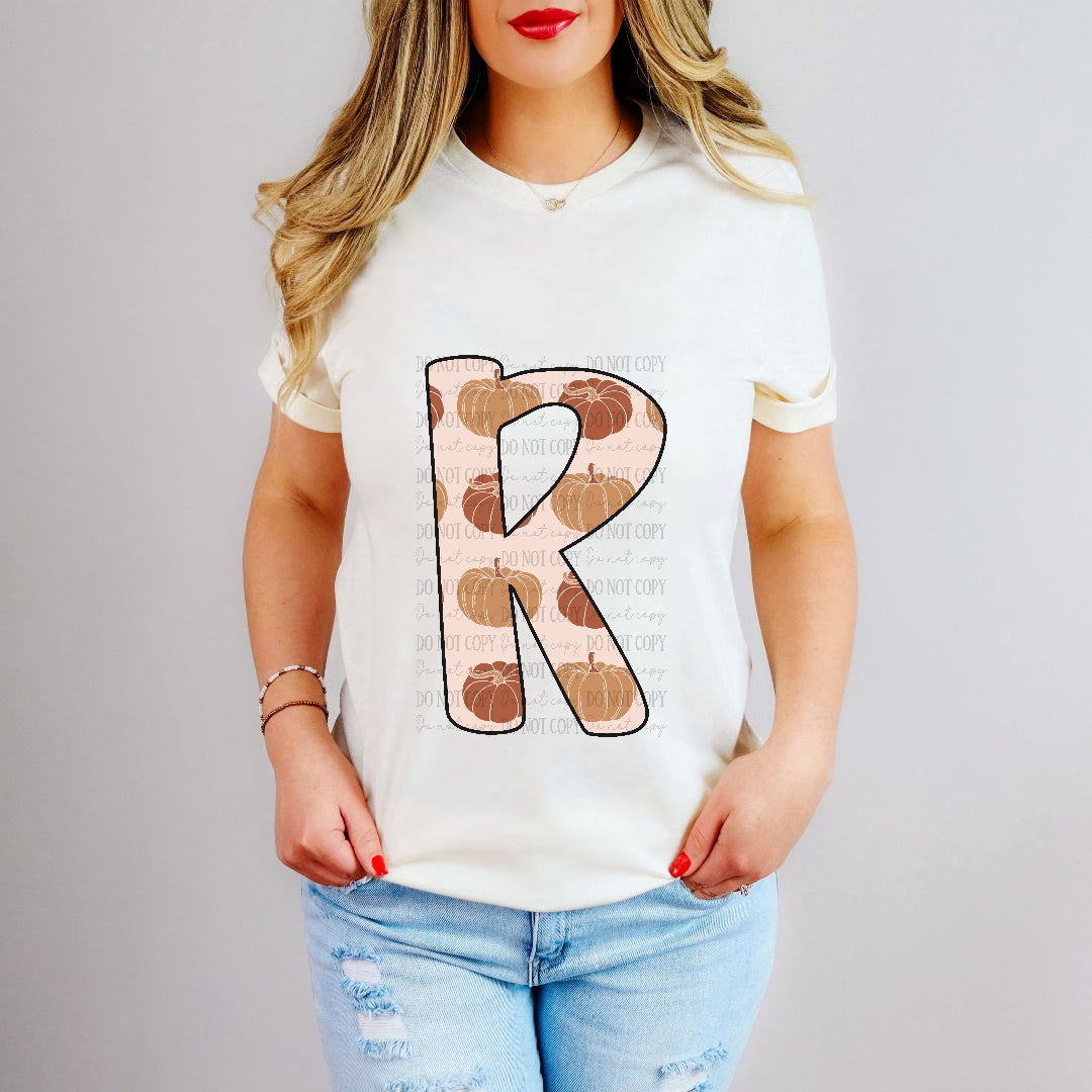 R pumpkin print font letter (dd) DTF transfer
