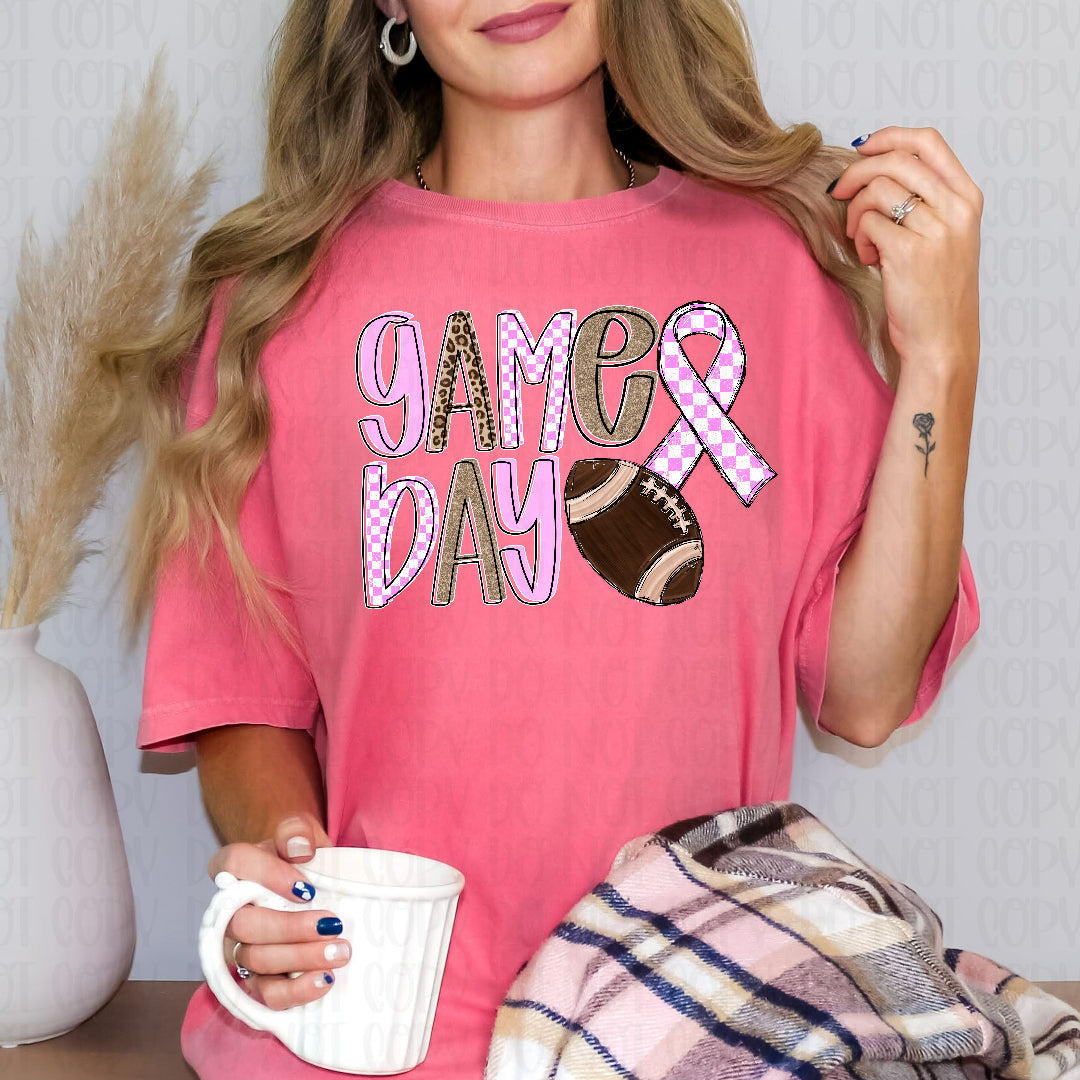 Game day football pink checkered and leopard with ribbon (INK) DTF Transfer