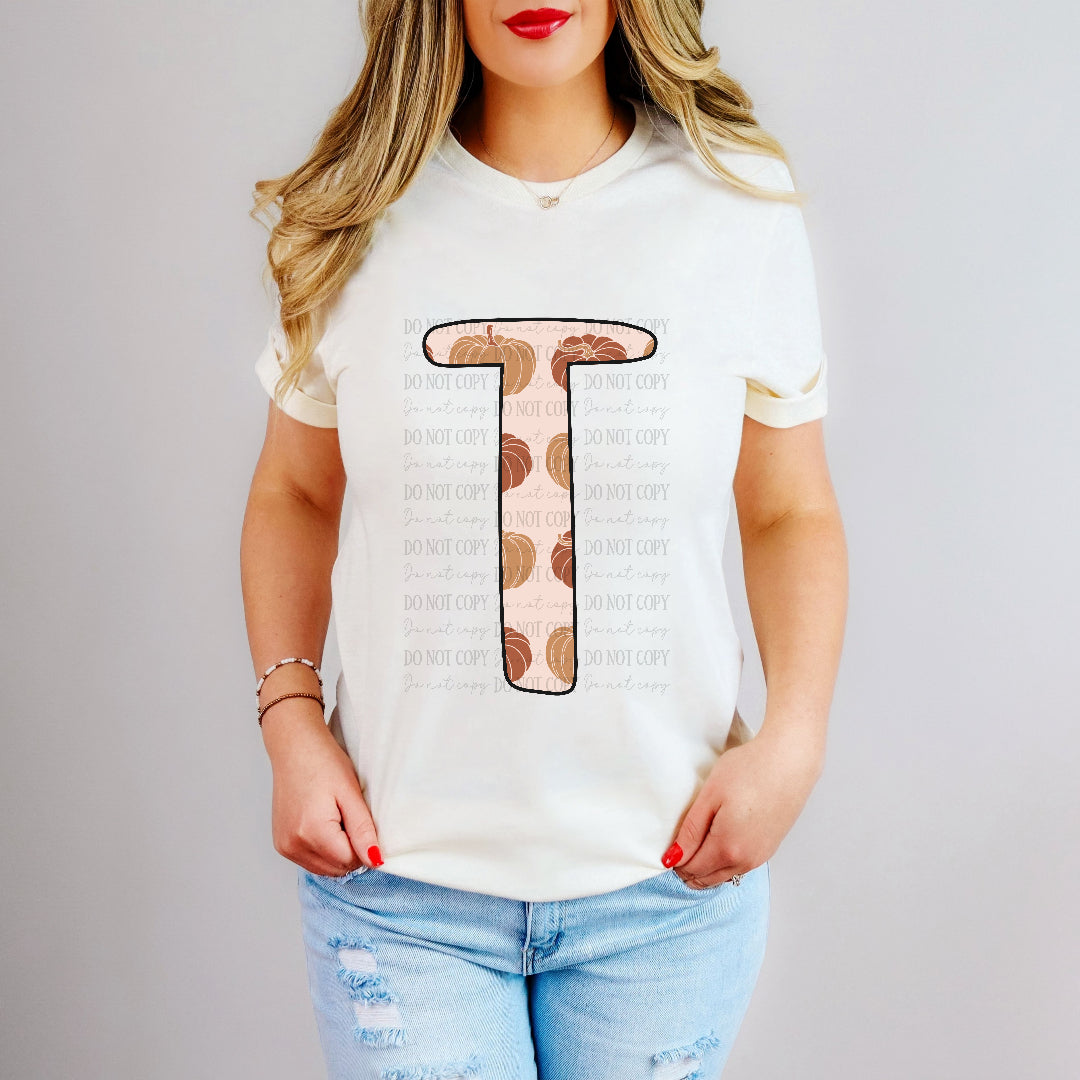 T pumpkin print font letter (dd) DTF transfer