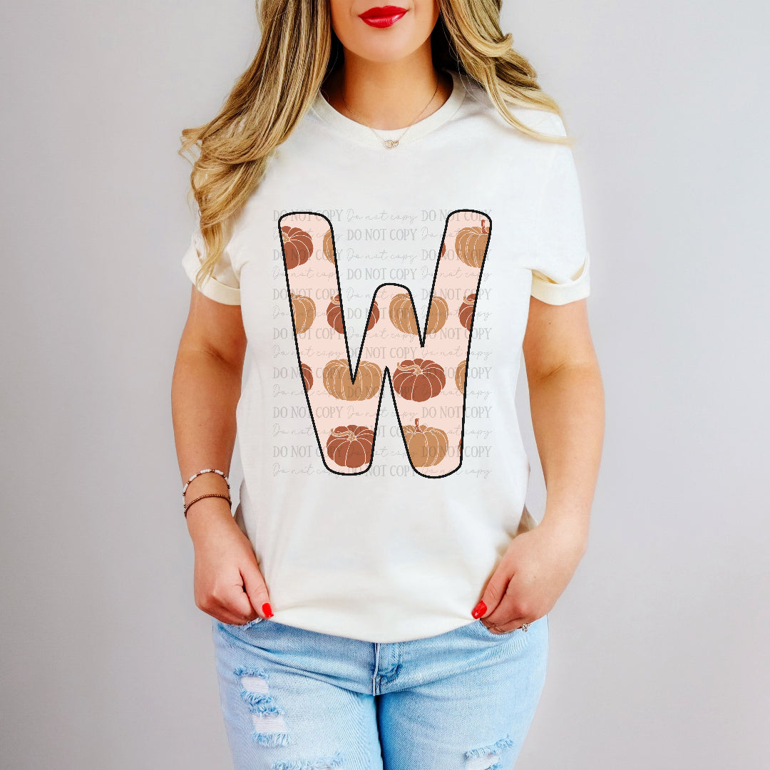 W pumpkin print font letter (dd) DTF transfer
