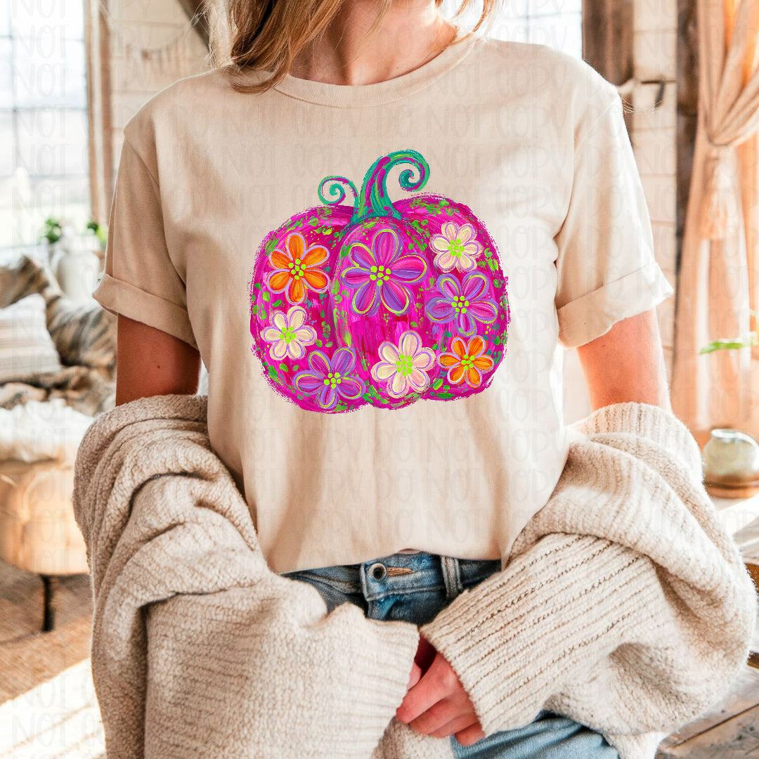 Pink floral pumpkin green/blue steam (SSD) Sunday Special DTF transfer