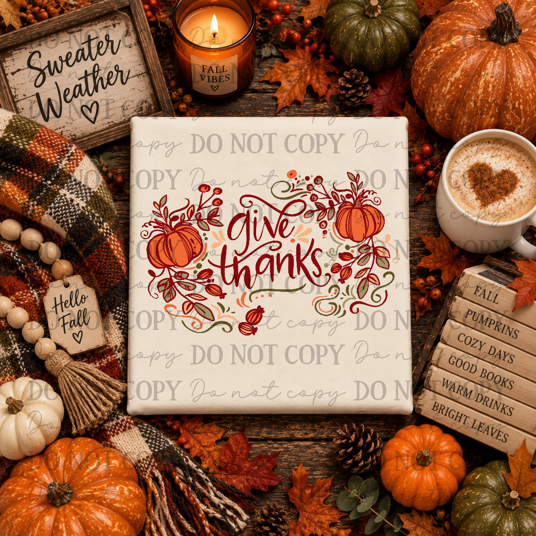 Give Thanks (Cursive) with pumpkins and leaves (Wildflower Wrangler) DTF Transfer
