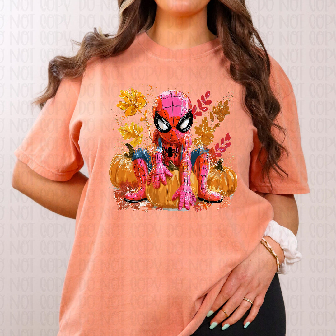 Pink spidey pumpkin and leaves (SSD) DTF