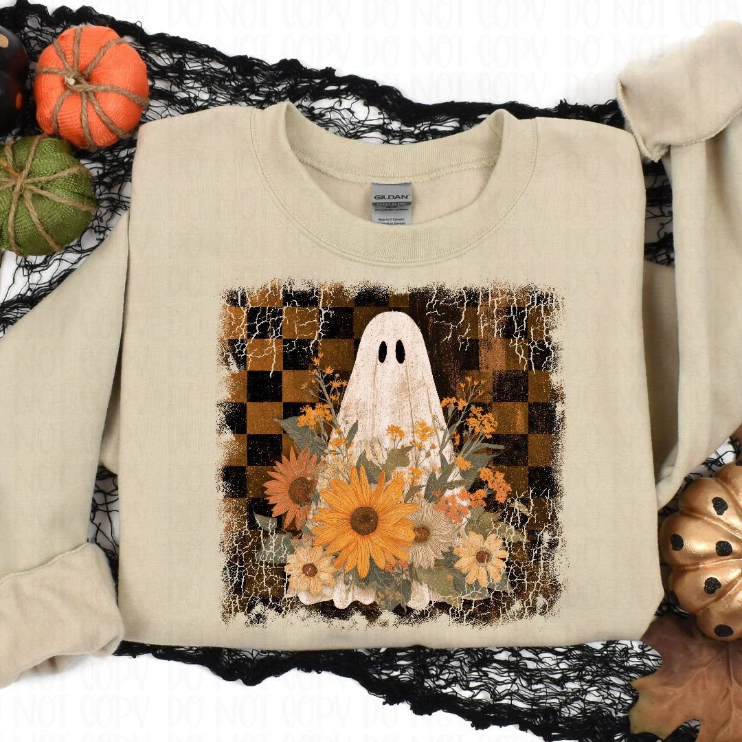 Ghost with sunflowers brown checkered background (Texas Gal) DTF transfer