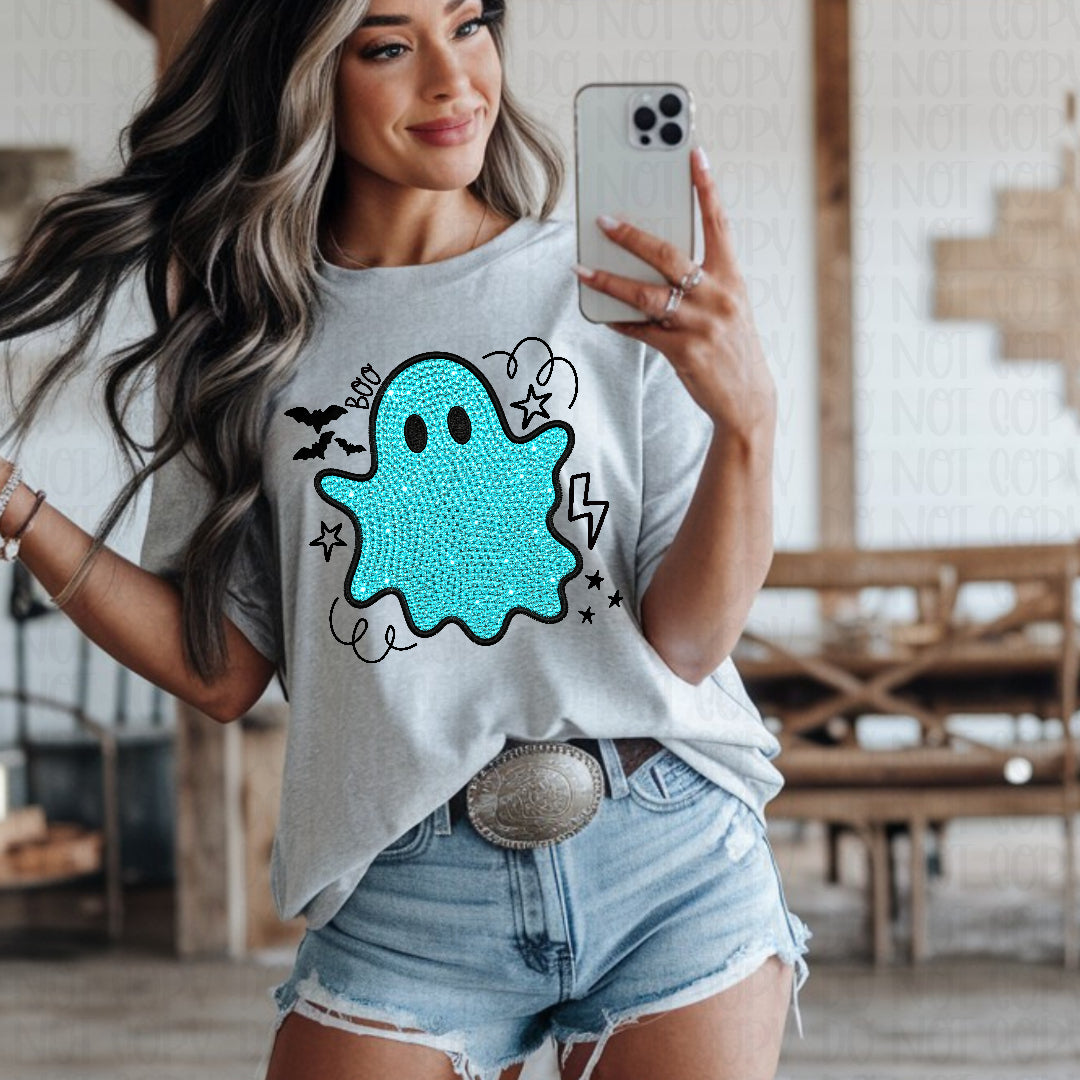 Doodle faux rhinestone blue ghostie (Texan) DTF Transfer