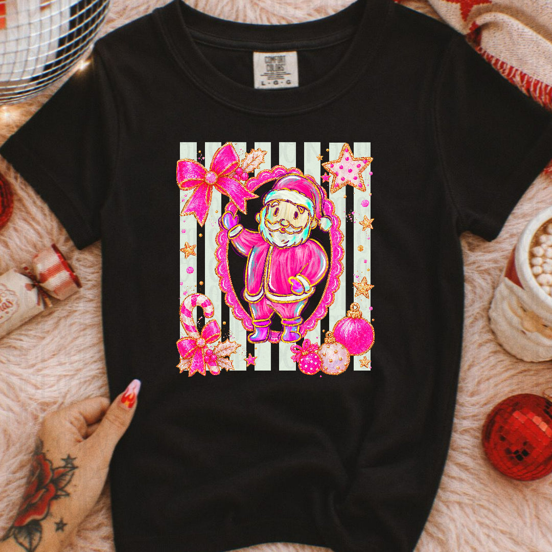 Preppy santa faux glitter cream stripes (Starlight) DTF transfer