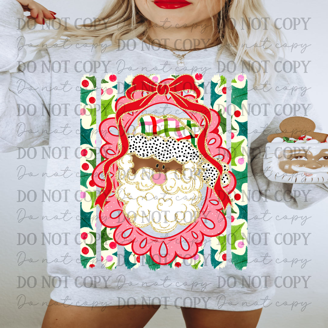 Santa (dark tone) in red frame WITH RED BOW/ green striped background (Carter) DTF Transfer