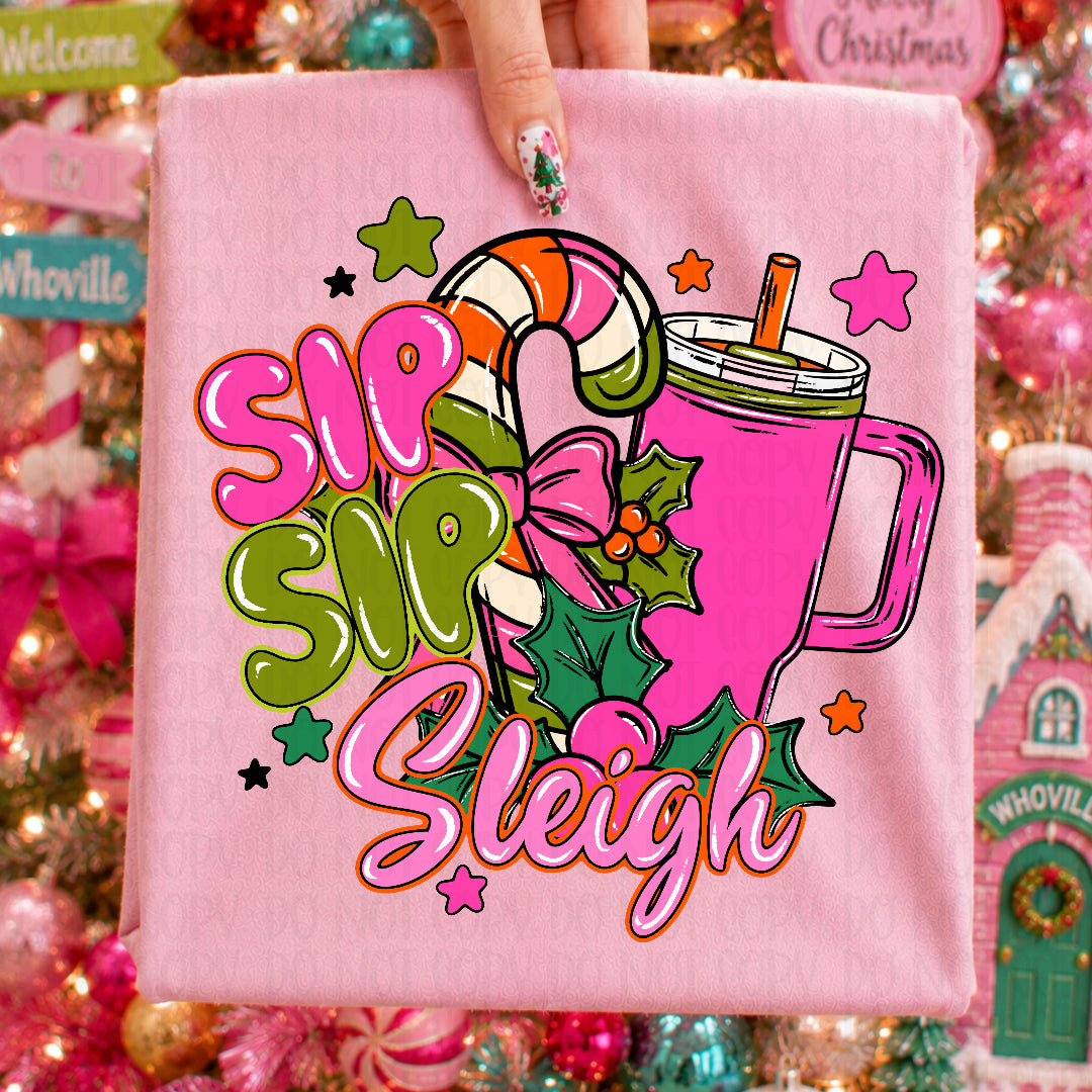 Sip sip sleigh pink cup (CST) DTF Transfer