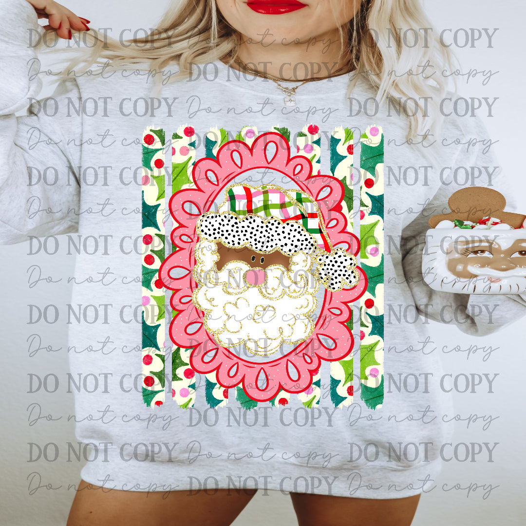 Santa (dark tone) in red frame with green striped background (Carter) DTF Transfer