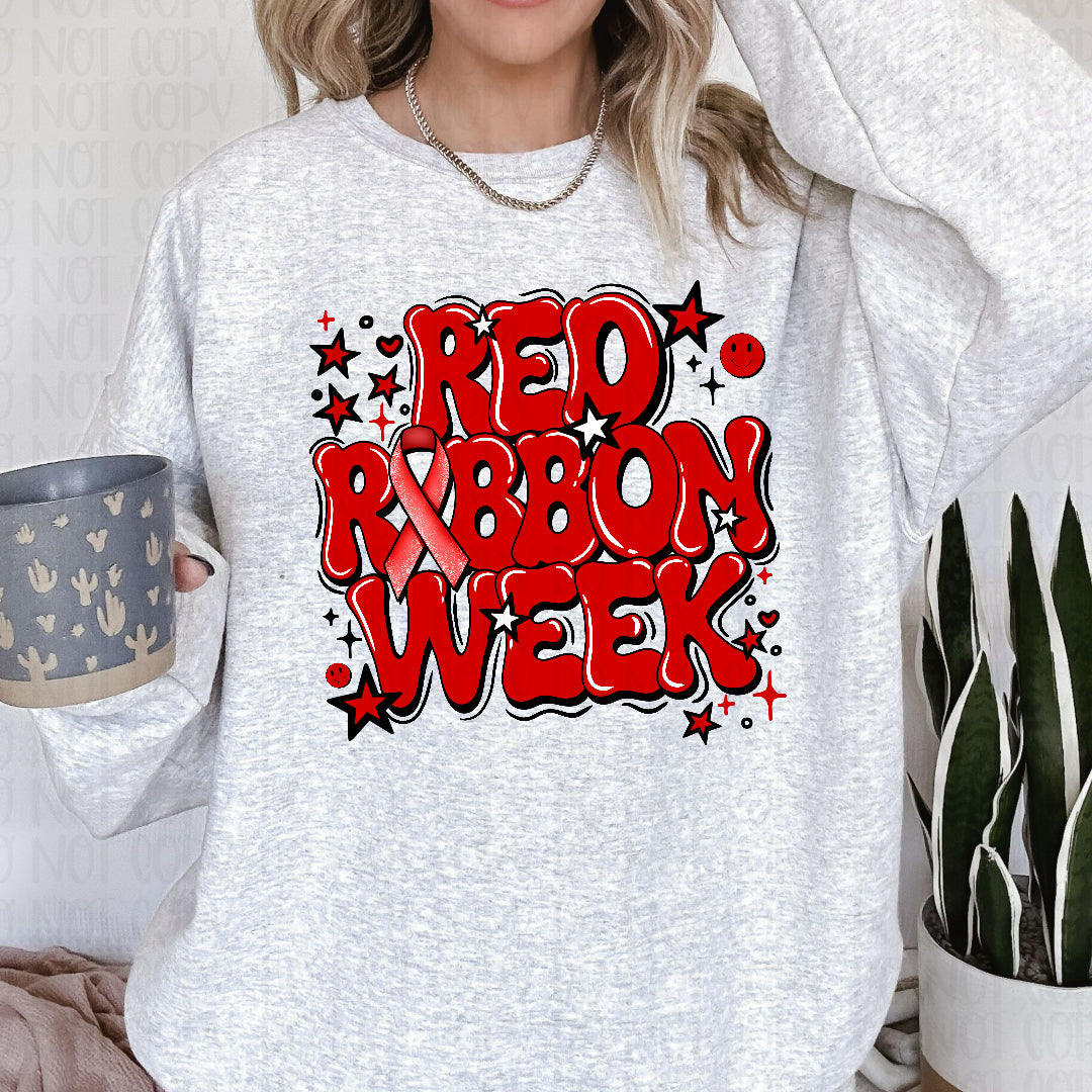 Red ribbon week stars and smiley black outline (Crafti) DTF Transfer