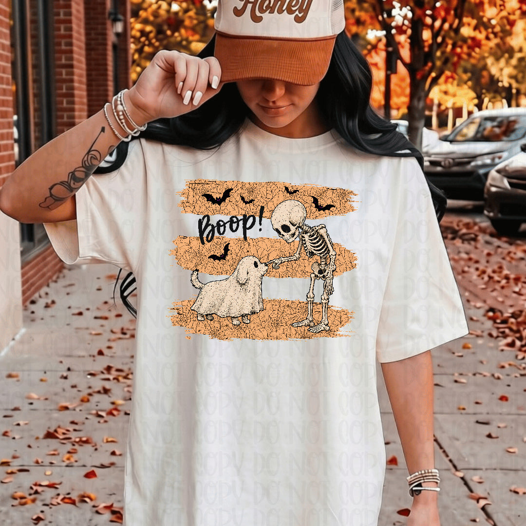 Boop skeleton and ghost dog orange stripes distressed Sunday Special DTF transfer